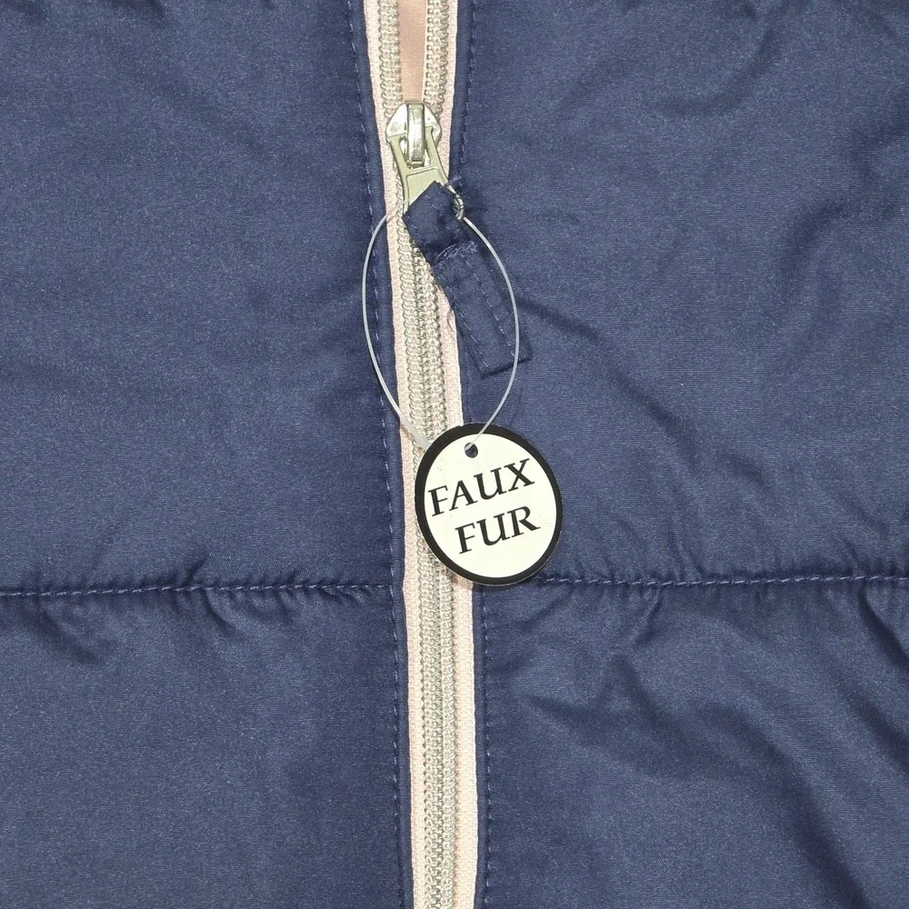 R 1881 by S Rothschild‎ Quilt Puffer Jacket Navy Faux Fur Hood Kids M 10 12